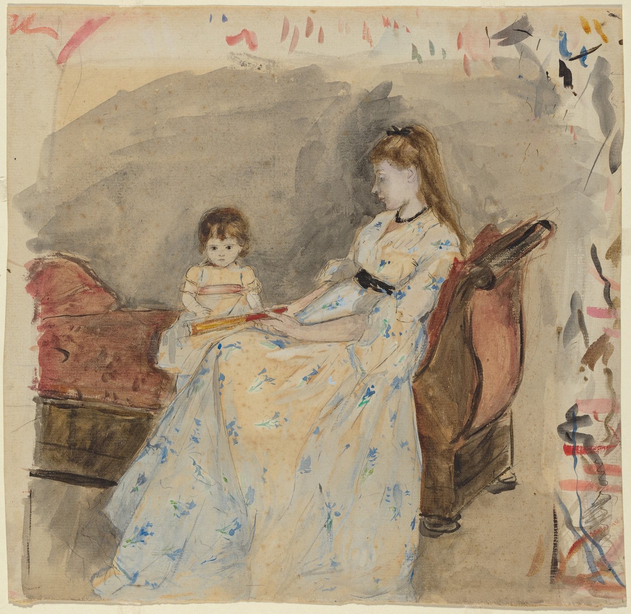Umělcova sestra Edma se svou dcerou Jeanne (líc); Umělcova sestra Edma sedící venku (rub) od Berthe Morisot