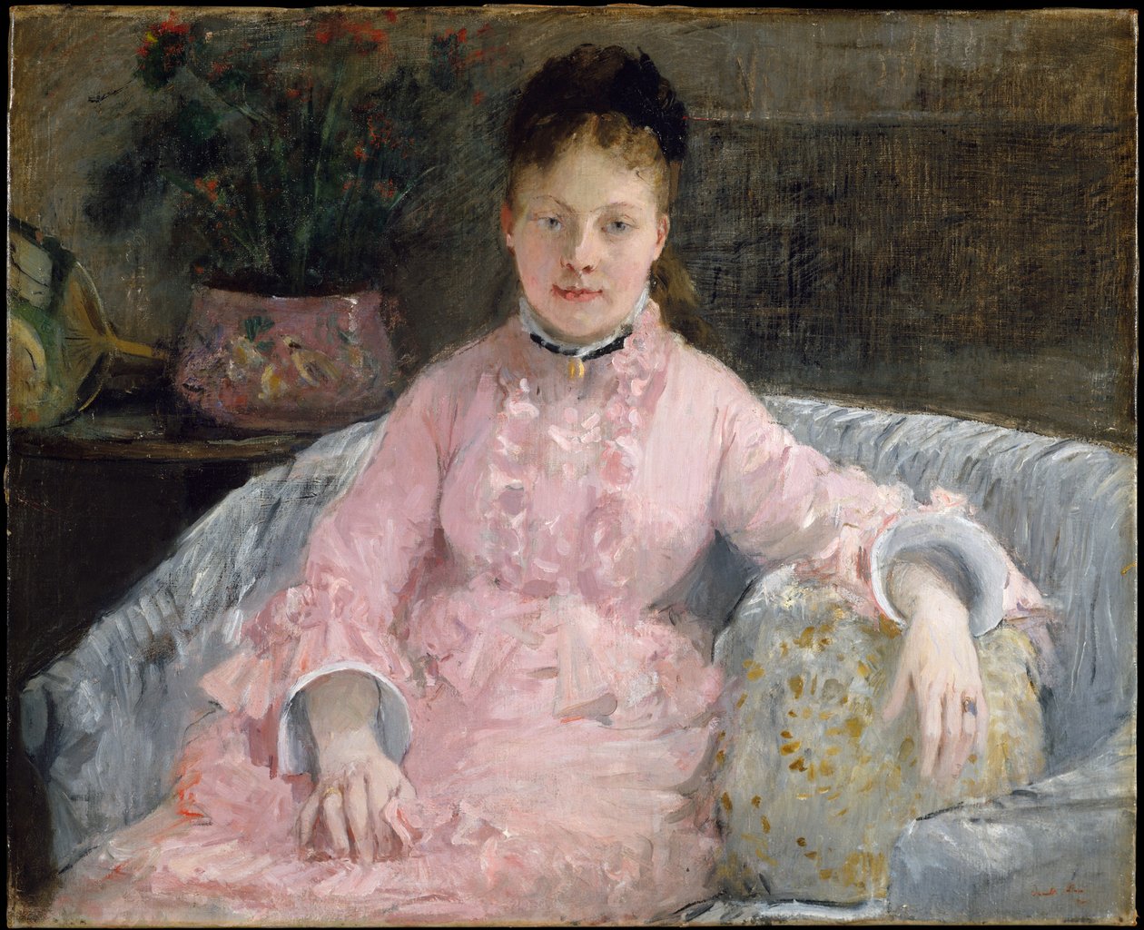 Růžové šaty (Albertie-Marguerite Carré, později paní Ferdinand-Henri Himmes, 1854–1935) od Berthe Morisot