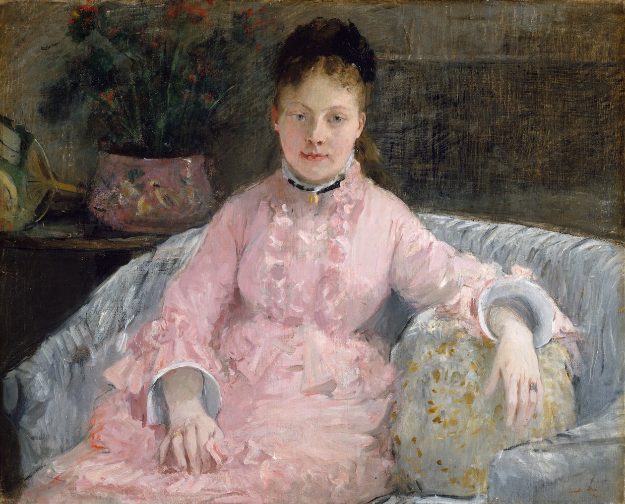 Růžové šaty Albertie-Marguerite Carré, později Madame Ferdinand-Henri Himmes, ca. 1870. od Berthe Morisot
