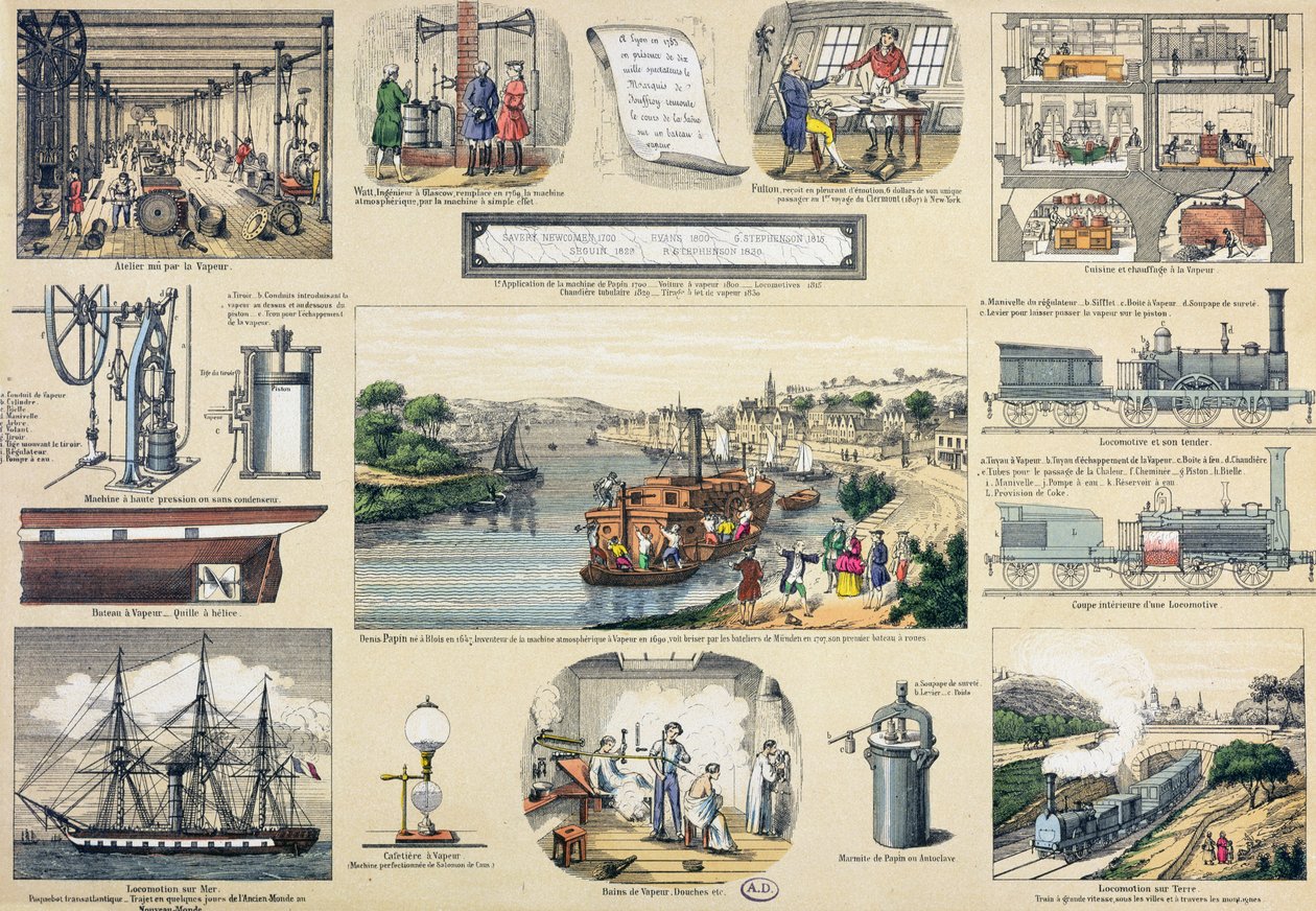 Historie Steamu, ilustrace k naučné učebnici, polovina 19. století od Bertmont