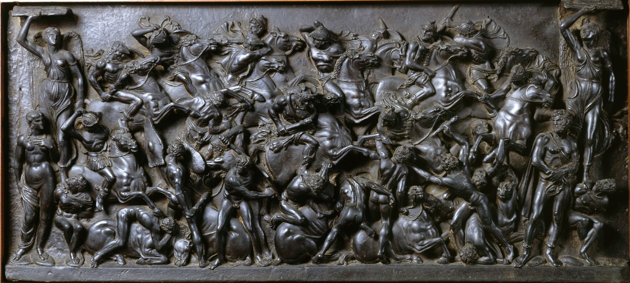 Bitva mezi Římany a Barbary (bronz) – Bitva Římanů a Barbarů (Bitva o jezdce). Bronzové reliéfní punčochy vyrobené Bertoldo di Giovanni (1420-1491) od Bertoldo di Giovanni