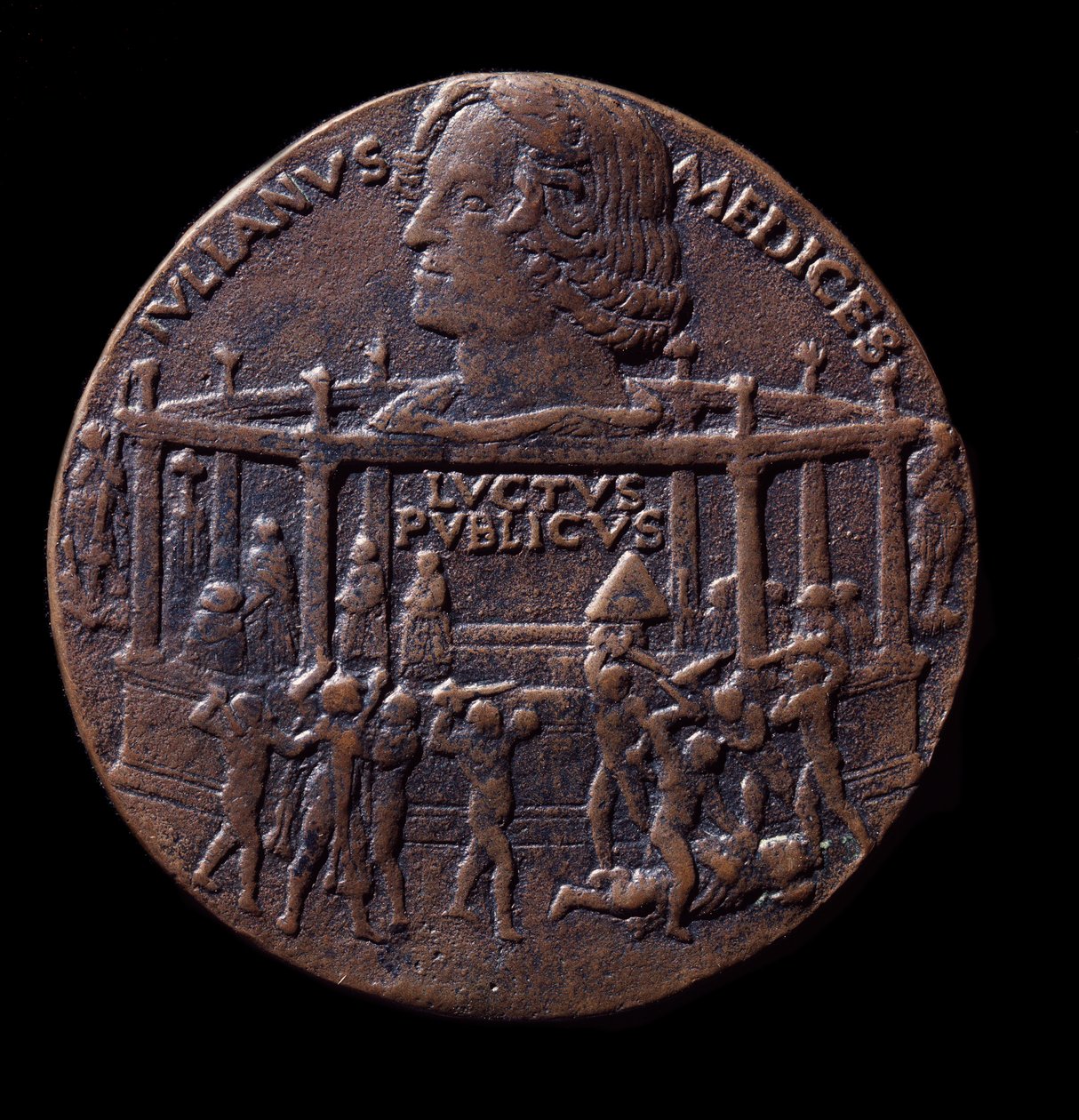 Bronzová medaile o Pazziho spiknutí (1478) od Bertoldo di Giovanni