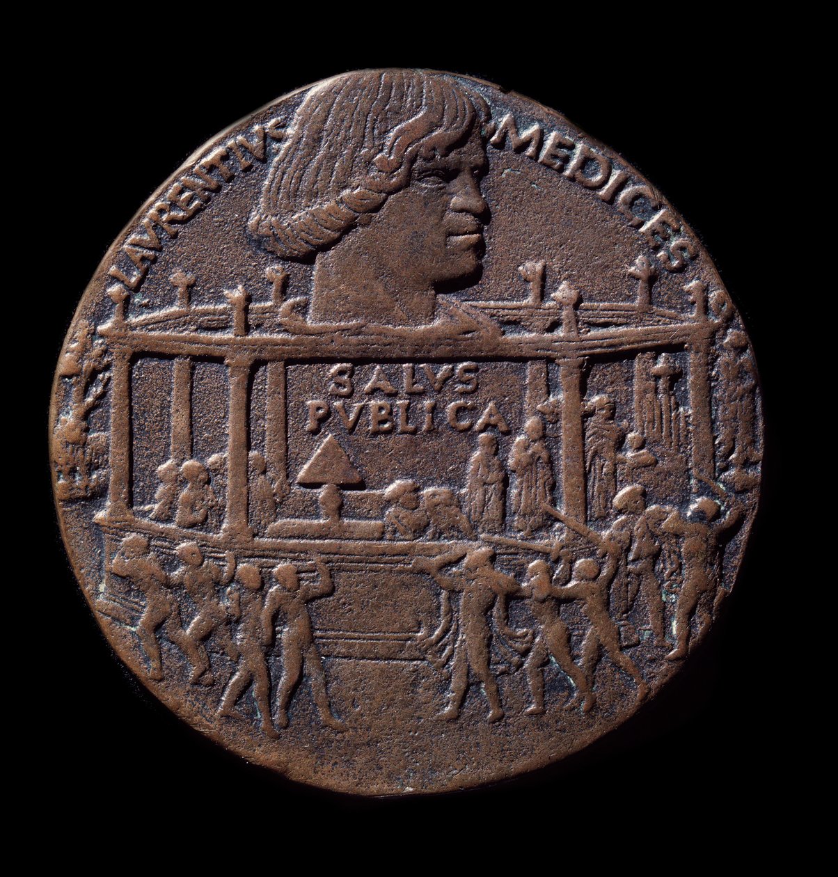 Bronzová medaile na Pazziho spiknutí (1478) od Bertoldo di Giovanni