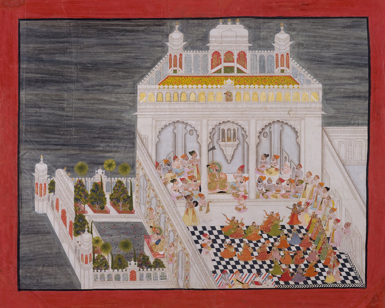 Maharana Ari Singh se svými dvořany se baví ve vodním paláci Jagniwas z roku 1767. od Bhima