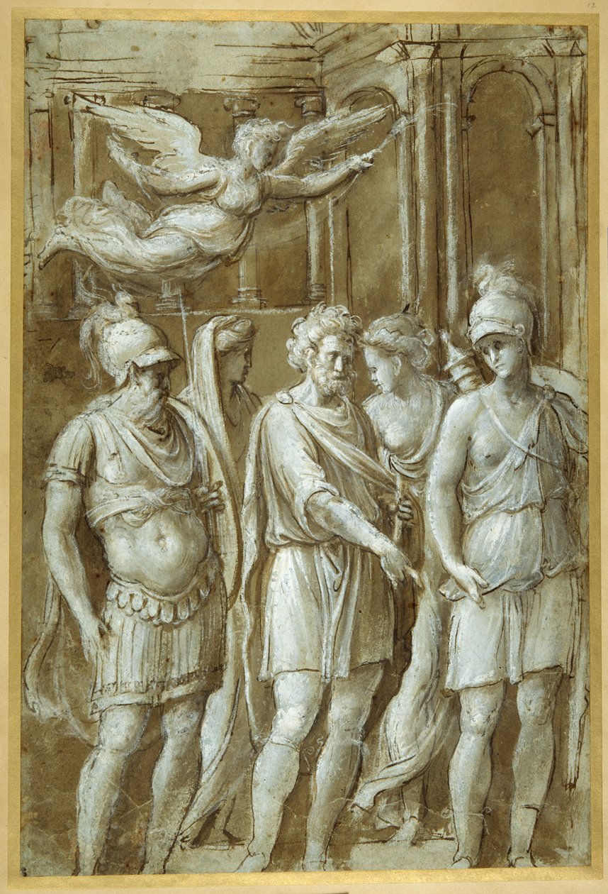 Panel z Konstantinova oblouku (pero a hnědý inkoust s hnědým praním zesíleným bílou barvou těla na carta azzurra) od Biagio Pupini
