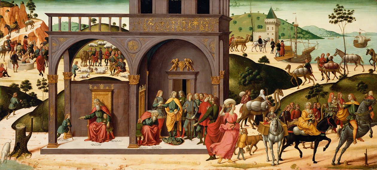 Příběh o Josefovi, asi 1485 (tempera a plátkové zlato na desce) od Biagio d