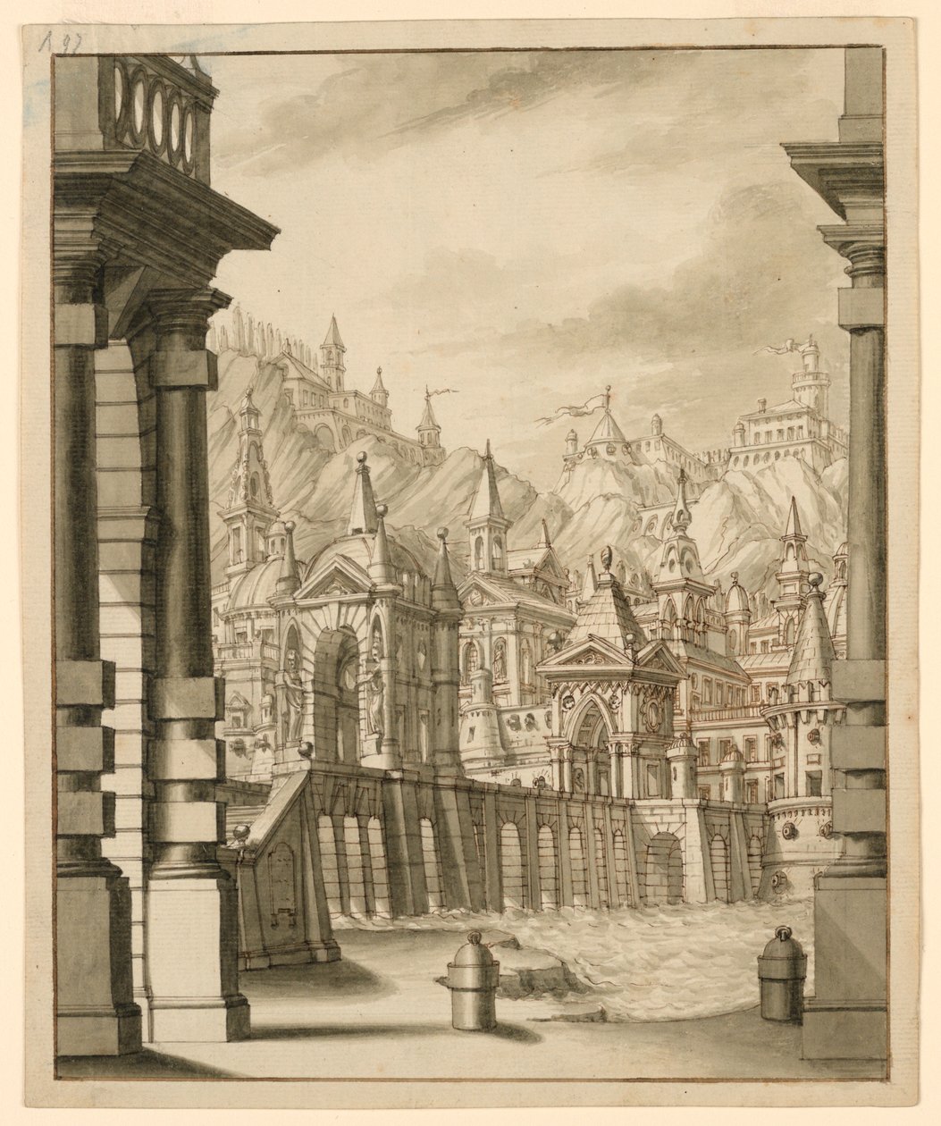 Scéna, město na kopci s věžovitými budovami od Bibiena Family, 1657
