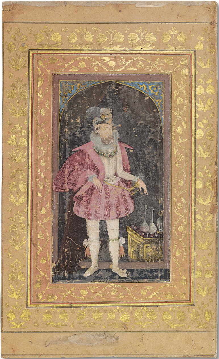 Vzácný mughalský portrét Jakuba I., kolem 1615-18 (neprůhledné pigmenty zvýrazněné zlatem na papíře) od Bichitr Bichitr