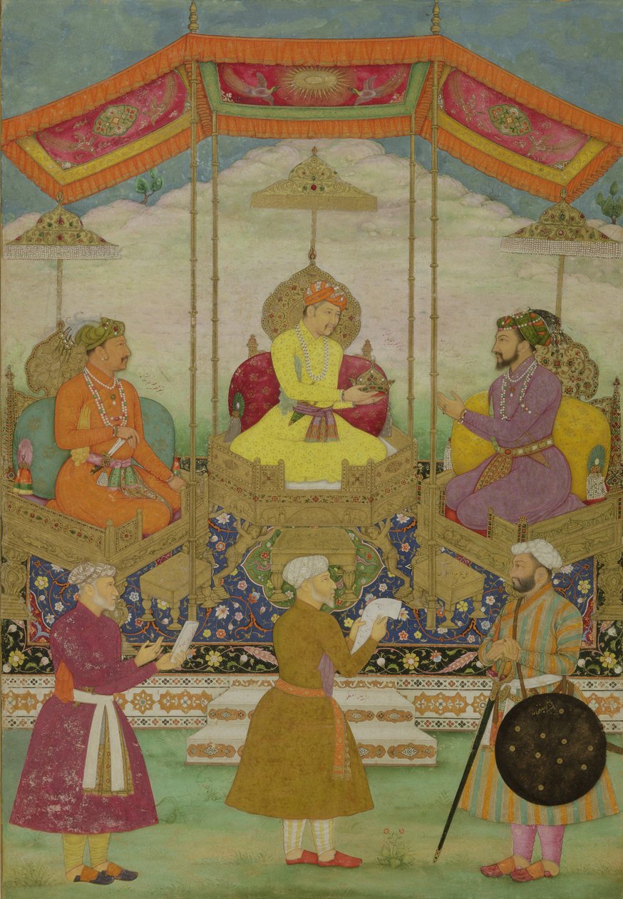 Mughalský císař Akbar (kolem 1605) (uprostřed) symbolicky předává korunu od svého syna Jahangir svému vnukovi Shah Jahanovi (1627-1658) kolem roku 1630 od Bichtir