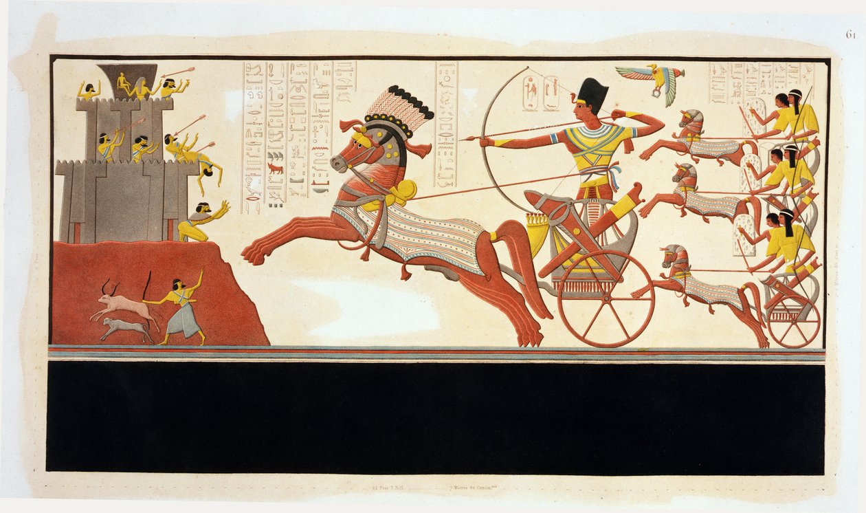 Ramses II. (1279-13 př. n. l.) v bitvě u Kadeše, čelí vojsku chetitského krále Muwattaliho, nástěnná malba z chrámu Ramsese II. v Abú Simbelu. od Bigant and Allais