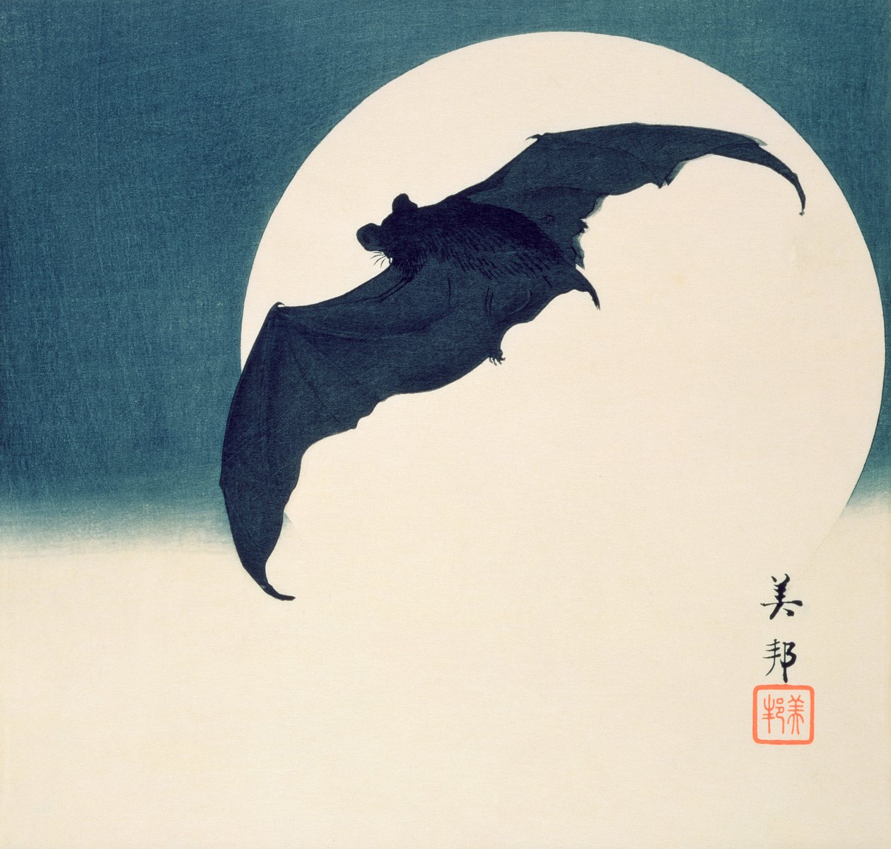 Netopýr a úplněk (barevný dřevořez) od Biho Takashi or Takahashi (b. 1873. fl 1890 1930)