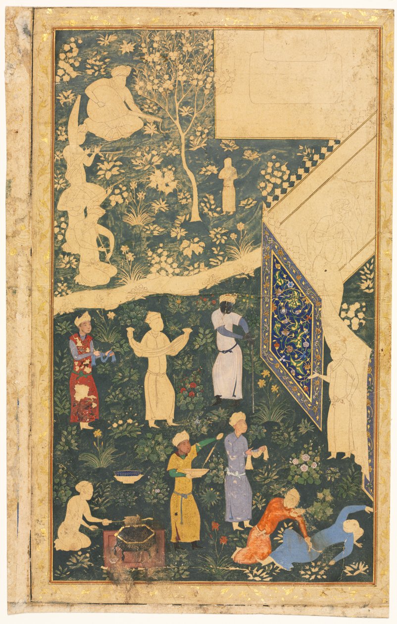 Hudebníci a sluhové mimo královský tábor recto, c. 1485. od Bihzad