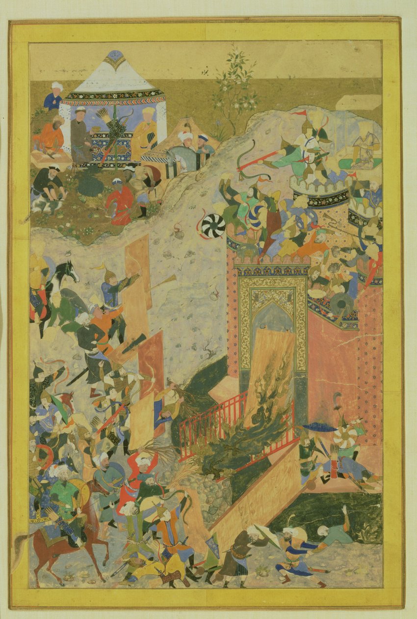 Útok na hrad, Perština, Timurské období (1370-1506) cca 1475-1500 (wc a plátkové zlato na papíře) od Bihzad attr. to Bihzad attr. to