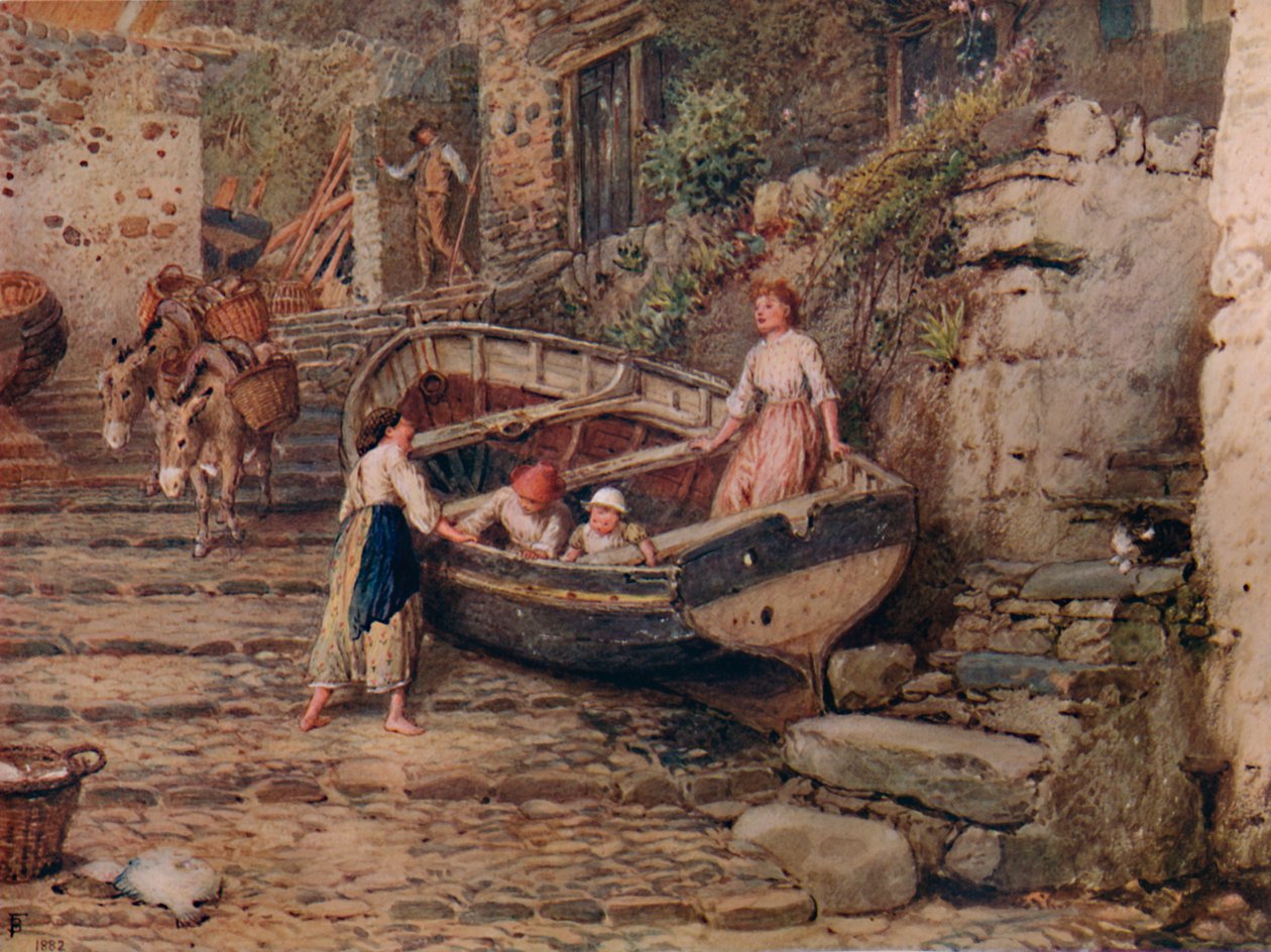 Pohled na Clovelly, s Stranded Boat and Figures, 1882, 1935 od Birket Foster