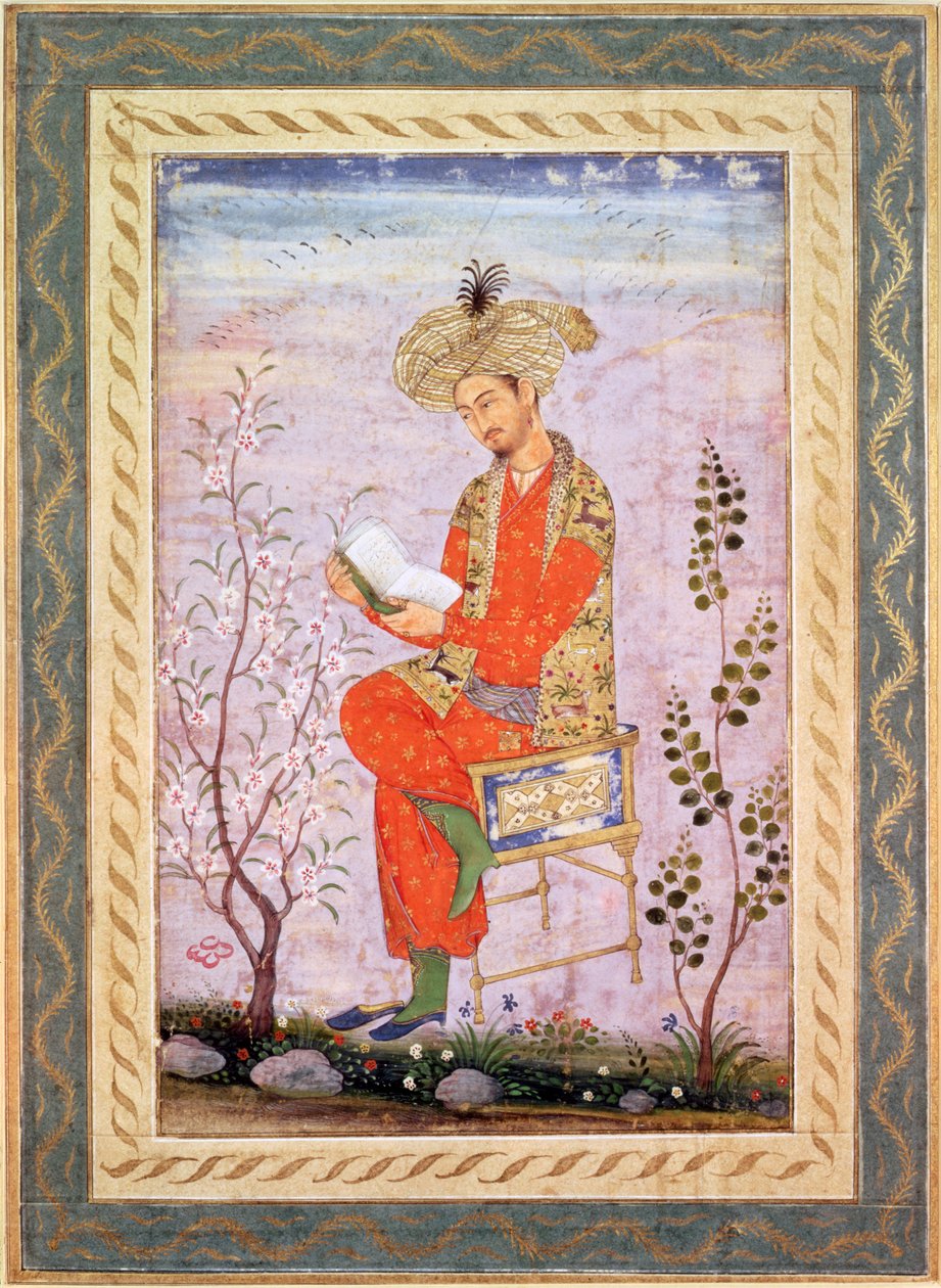 Babur (r.1526-30) Reading, Mughal (akvarel na papíře) od Bishn Das