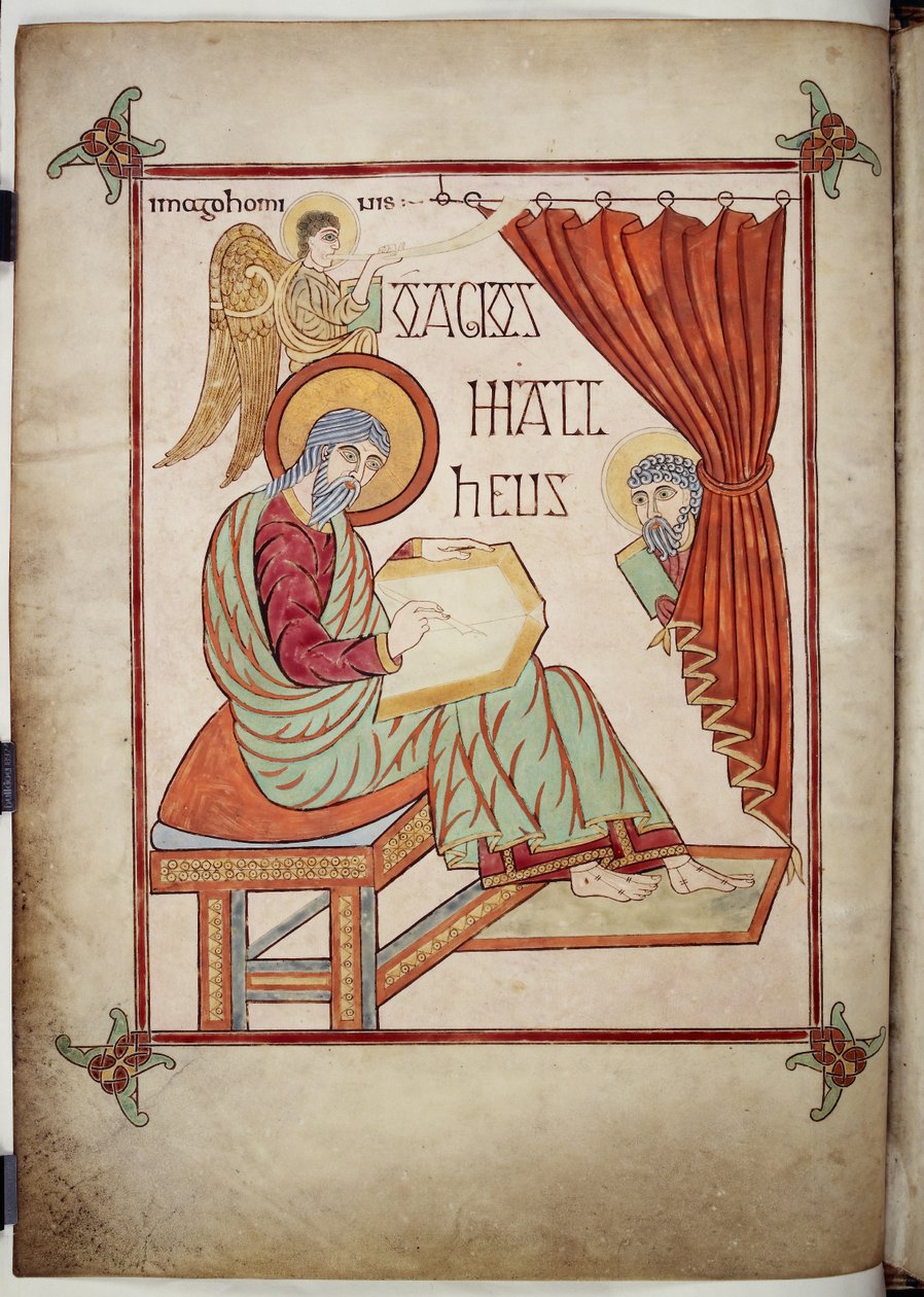Bavlna Nero D. IV, f.25v sv. Matouš, psaní se svým symbolem, z Lindisfarnských evangelií, 710-721 (vellum) od Bishop of Lindisfarne Eadfrith