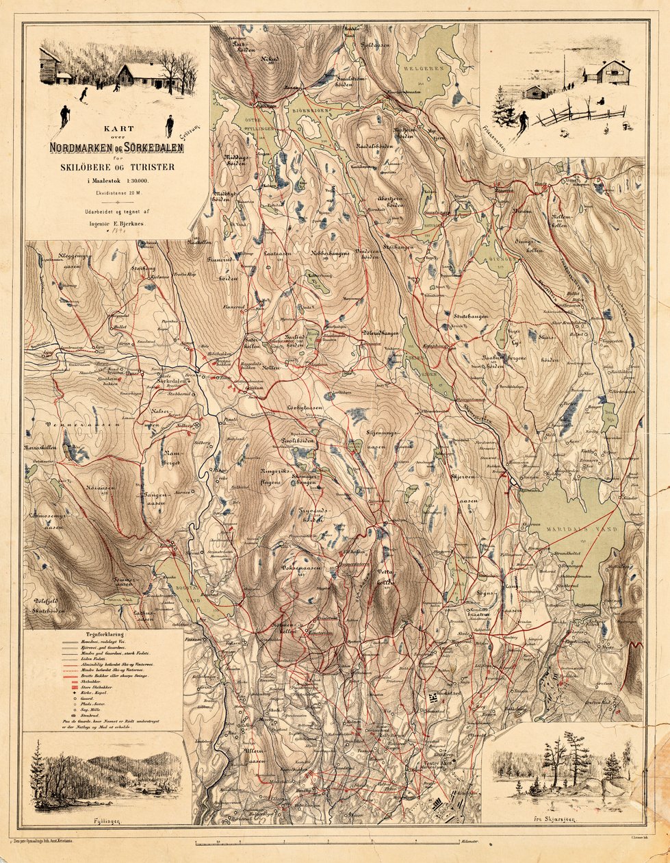 Mapa z mapové sbírky Národní knihovny. Mapa byla publikována v roce (1890) a ukazuje Nordmarka, Sørkedalen od Bjerknes