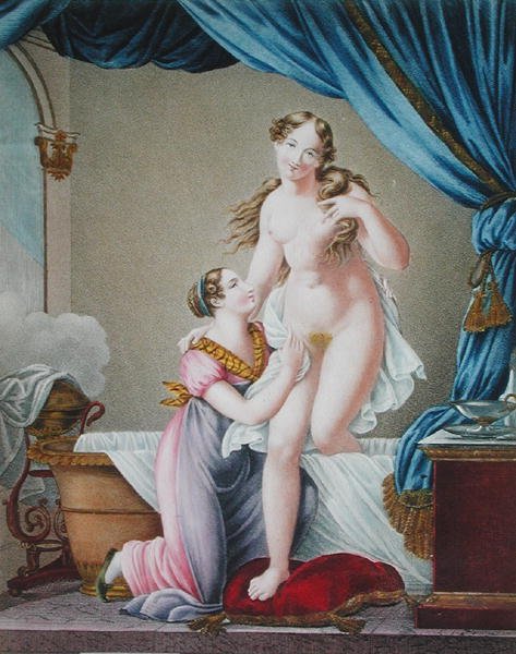 Žena vylézající z vany za pomoci své služebné, kolem roku 1820 (barevná rytina) od Blaizot (after)