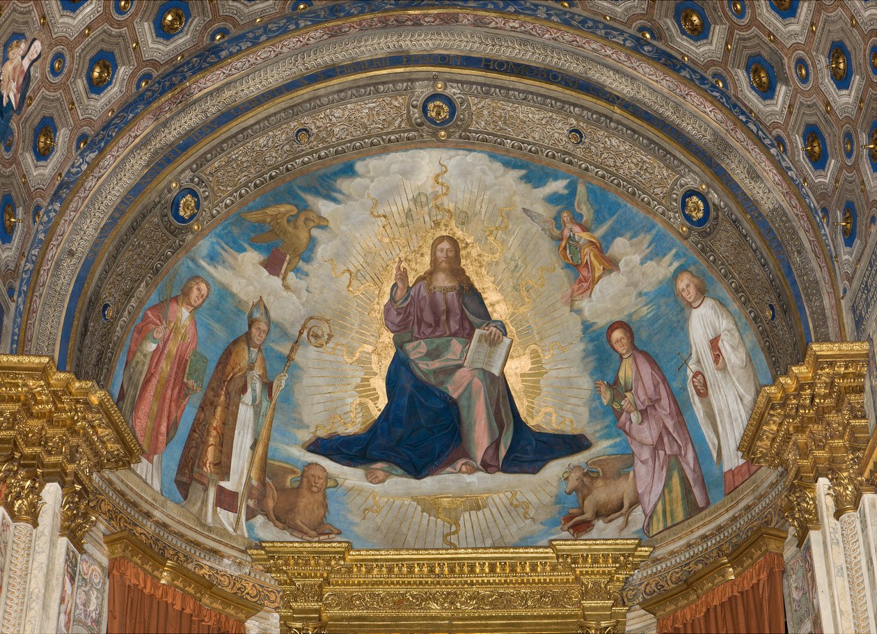 Apse, Catino Apse, Boccaccio Boccaccino, Pantokrator mezi svatými Marcellino, Imerio, Omobono, Peter Exorcista od Boccaccio Boccaccino