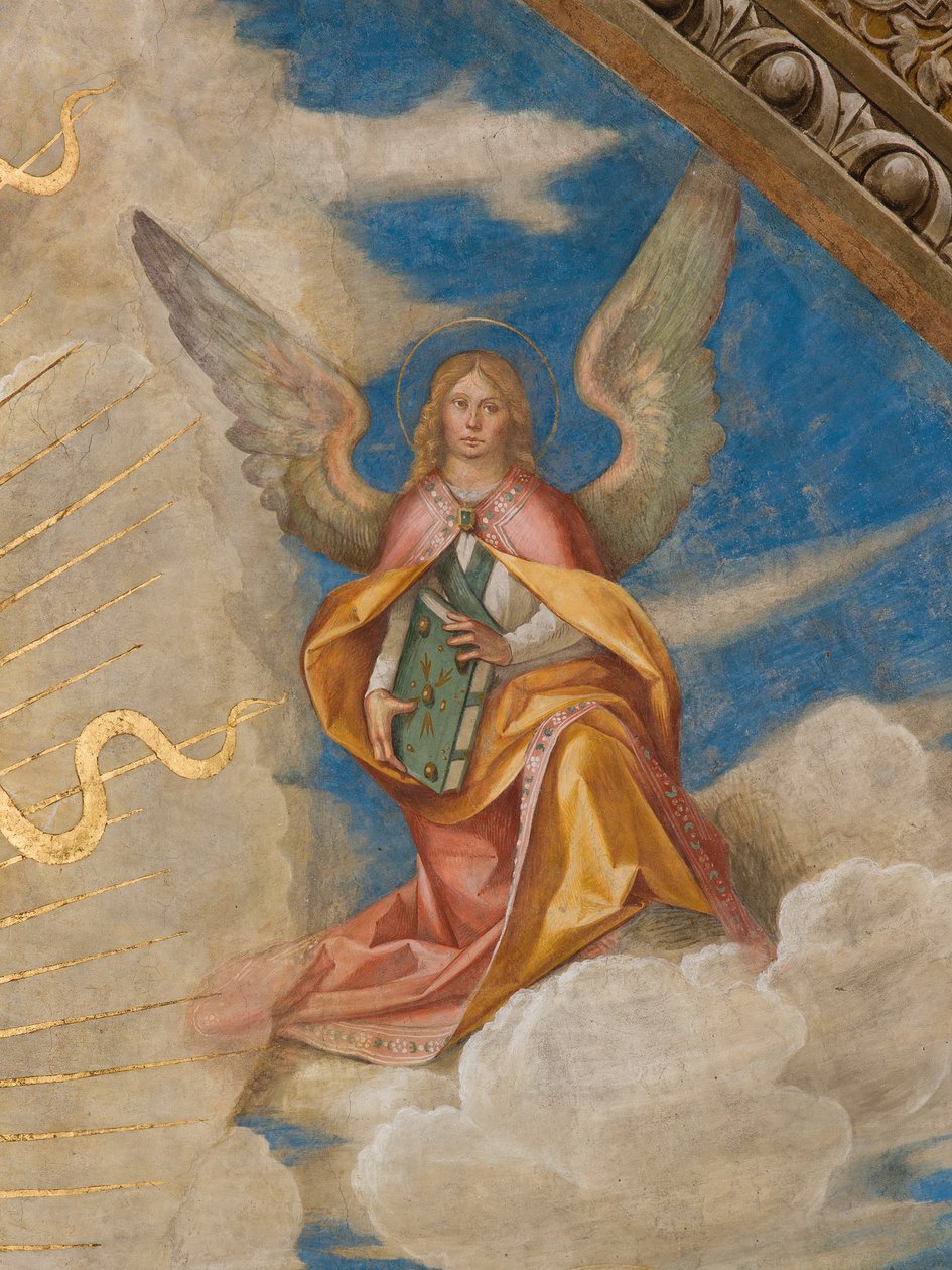Apse, Catino Apse, Boccaccio Boccaccino, Pantokrator mezi svatými Marcellino, Imerio, Omobono, Peter Exorcista, Detail Angel vpravo od Boccaccio Boccaccino