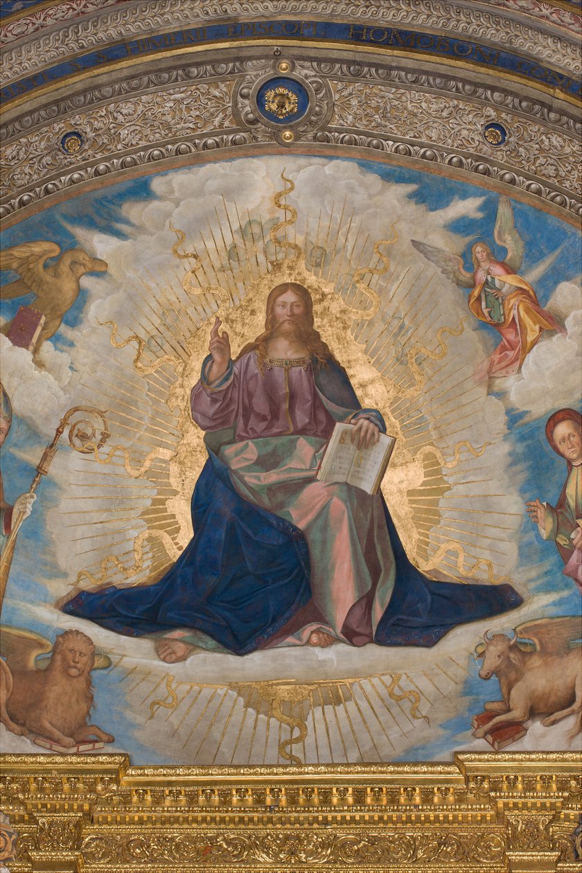 Apse, Catino Apse, Boccaccio Boccaccino, Pantokrator mezi svatými Marcellino, Imerio, Omobono, Peter Exorcista, Detail Pantocrator od Boccaccio Boccaccino