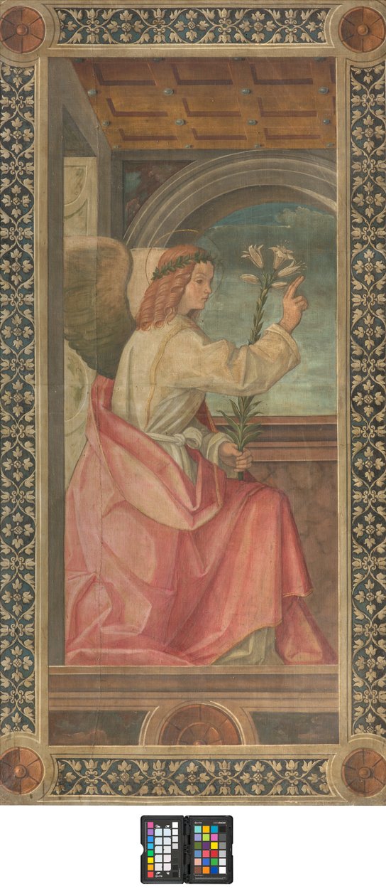 Kontofasáda jižní transept, Boccaccio Boccaccino, detail zvěstování anděla, počátek XVI. století, freska roztržená od Boccaccio Boccaccino