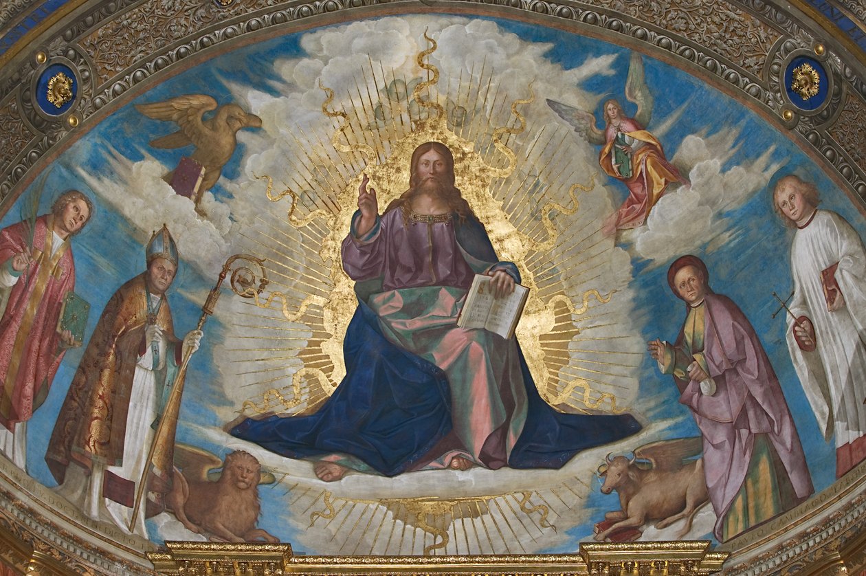 Vykupitel v slávě mezi svatým Himeriem, svatým Marcellem, svatým Omobonem a svatým Petrem a symboly evangelistů od Boccaccio Boccaccino