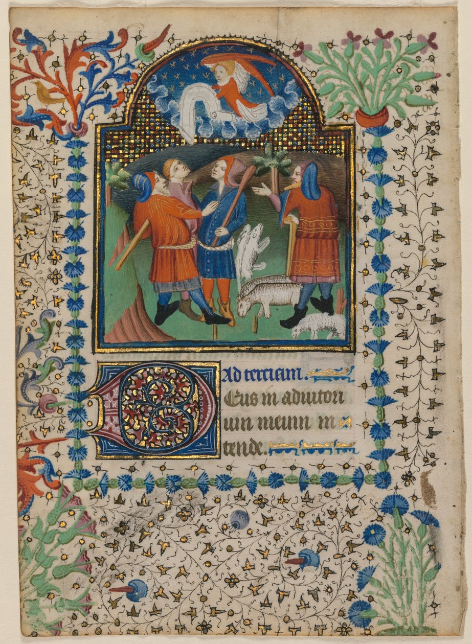List z knihy hodin: Zvěstování pastýřům recto a text verso, c. 1410-20. od Boethius Illuminator