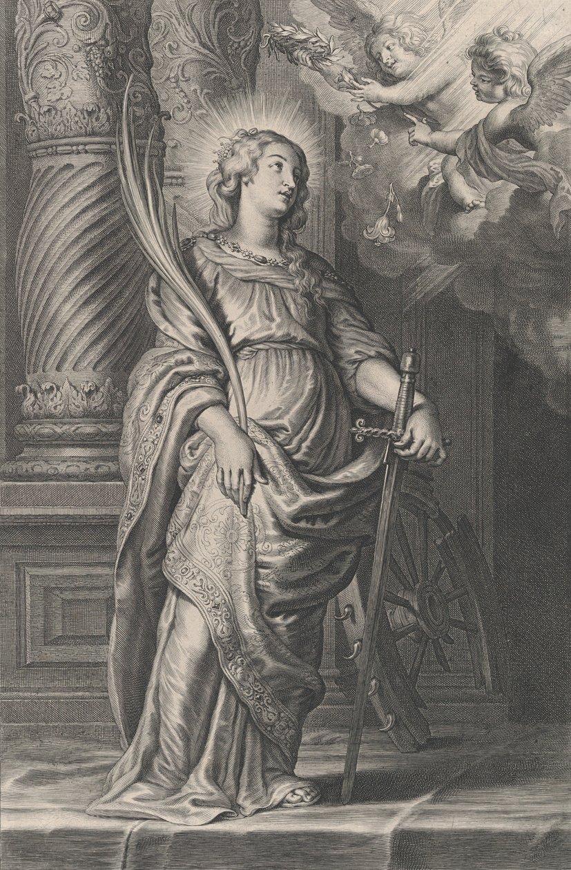 Svatá Kateřina drží palmové listy a meč, nad hlavou dva putti držící laure..., ca. 1625-59. od Boetius Adams Bolswert