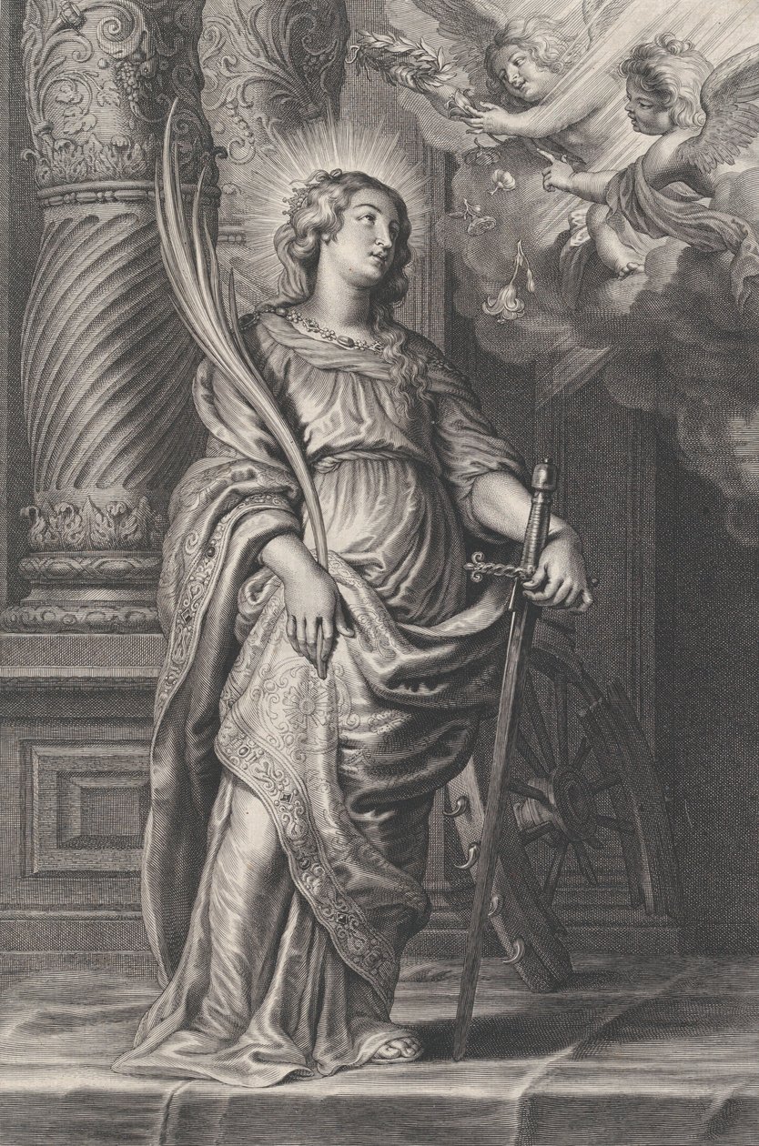 Svatá Kateřina drží palmové listy a meč, nad hlavou dva putti držící laure..., ca. 1625-59. od Boetius Adams Bolswert