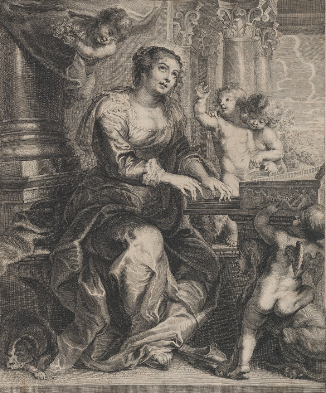 Svatá Cecílie hrající na varhany obklopená putti, ca. 1640-59. od Boetius Adams Bolswert