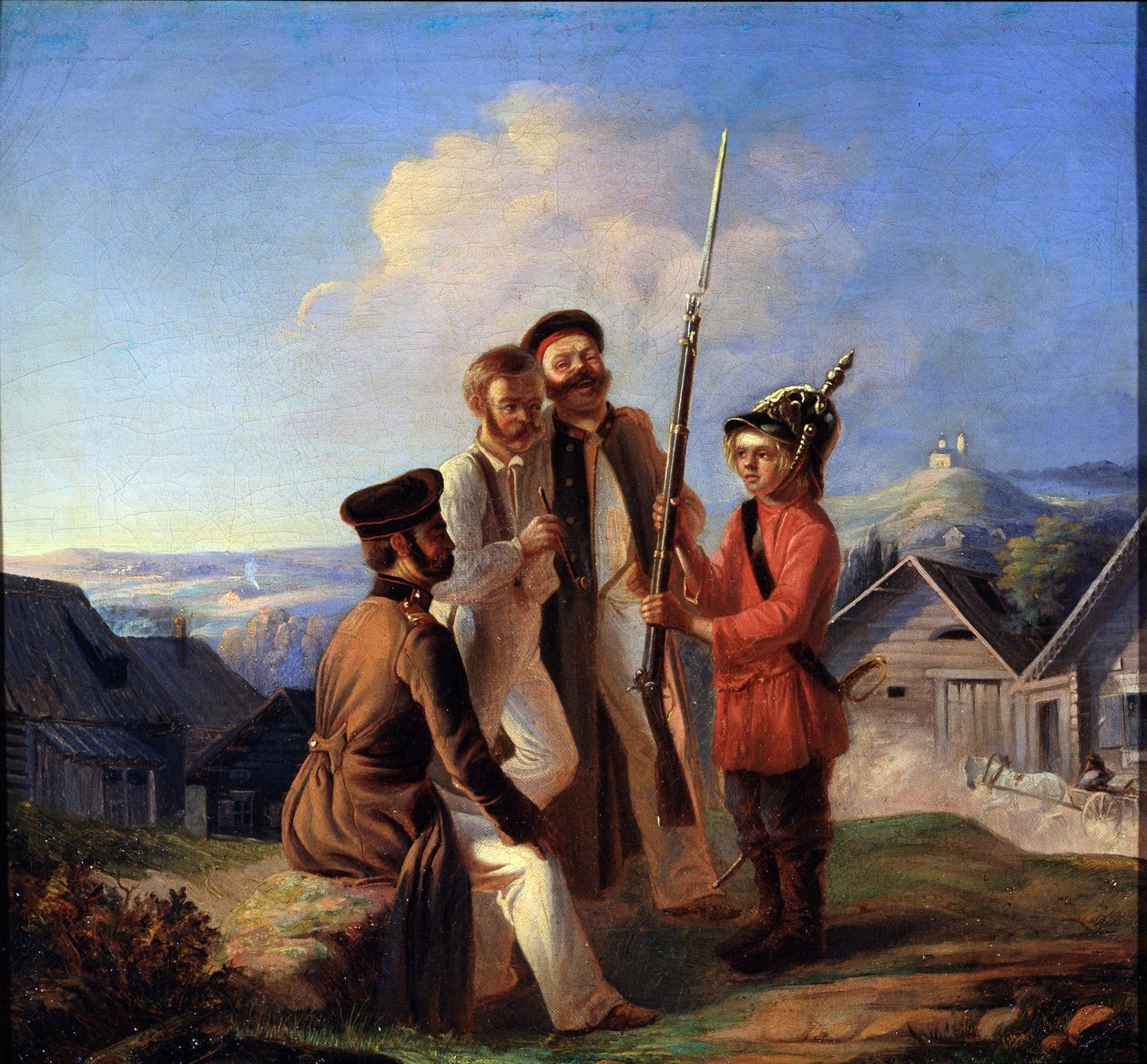 Vojenská osada. Vojáci si dělají legraci z mladého chlapce, kterému darovali helmu a pušku. Obraz od Bogdana Bogdanoviče Greima (kolem 1827-1885), olej na plátně. Ruské umění 19. století. Státní muzeum umění republiky Kar od Bogdan Bogdanovic Greim