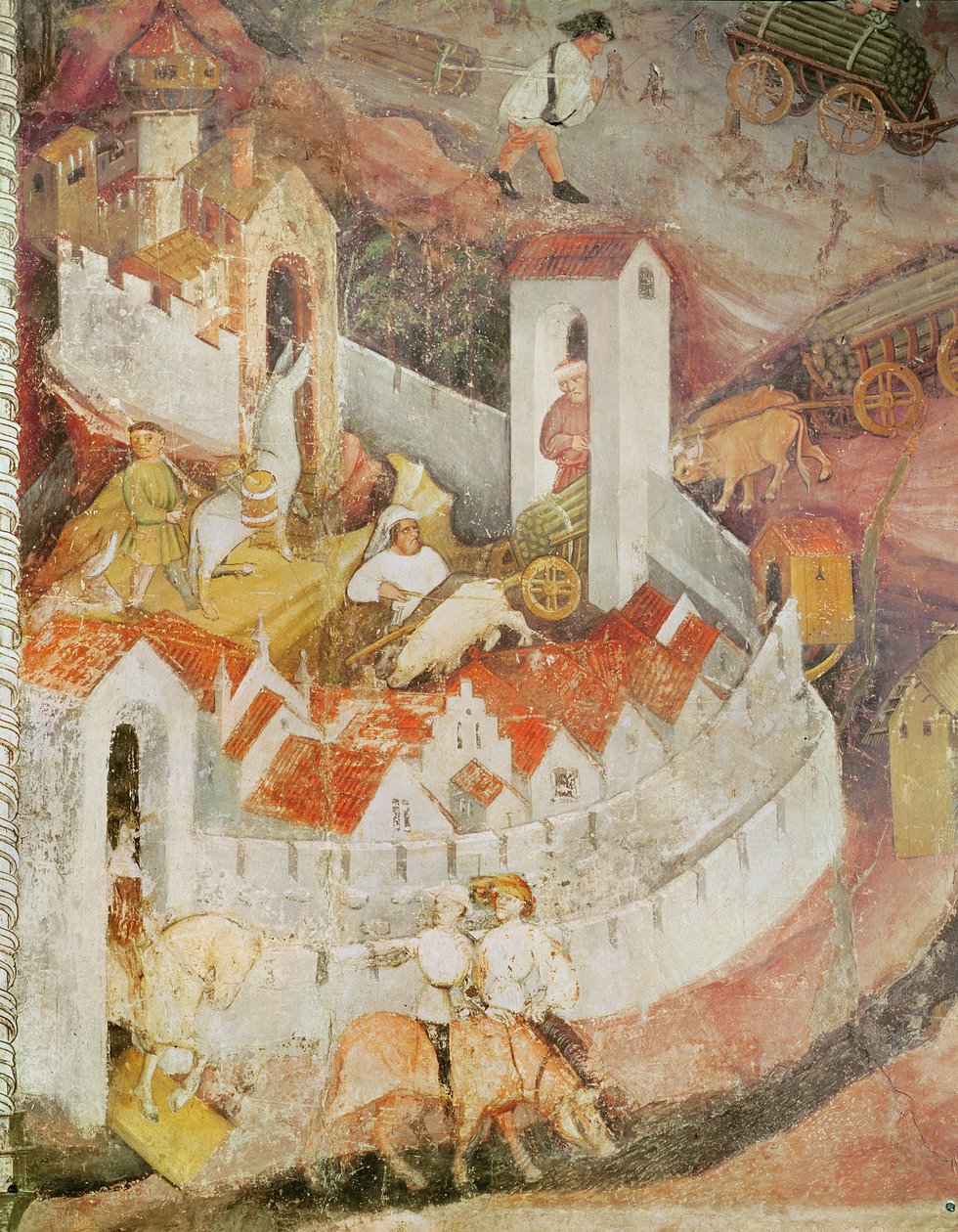 Měsíc prosinec, detail přepravy kmenů stromů, cca 1400 od Bohemian School