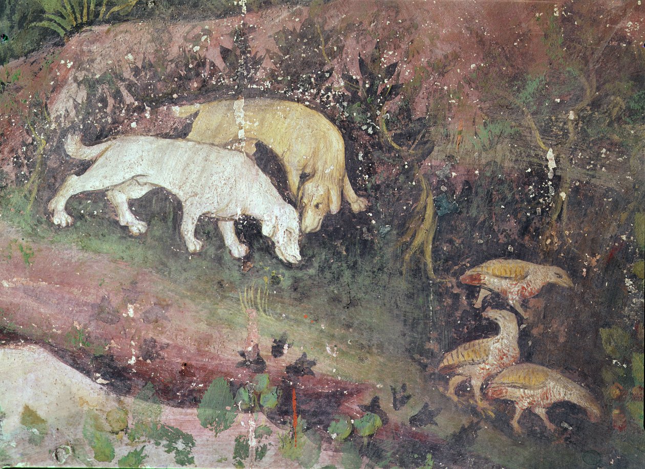 Měsíc červen, detail psů a koroptví, cca 1400 od Bohemian School