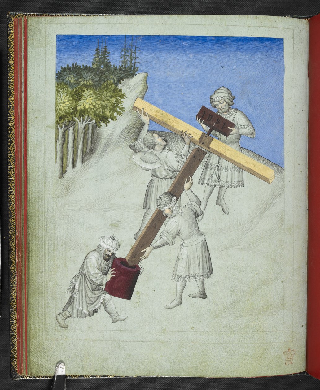Add 24189, f.11v, Montáž Kristova kříže, ze čtyř různých druhů dřeva, vyobrazených v různých barvách, z „Picture Book of Sir John Mandeville