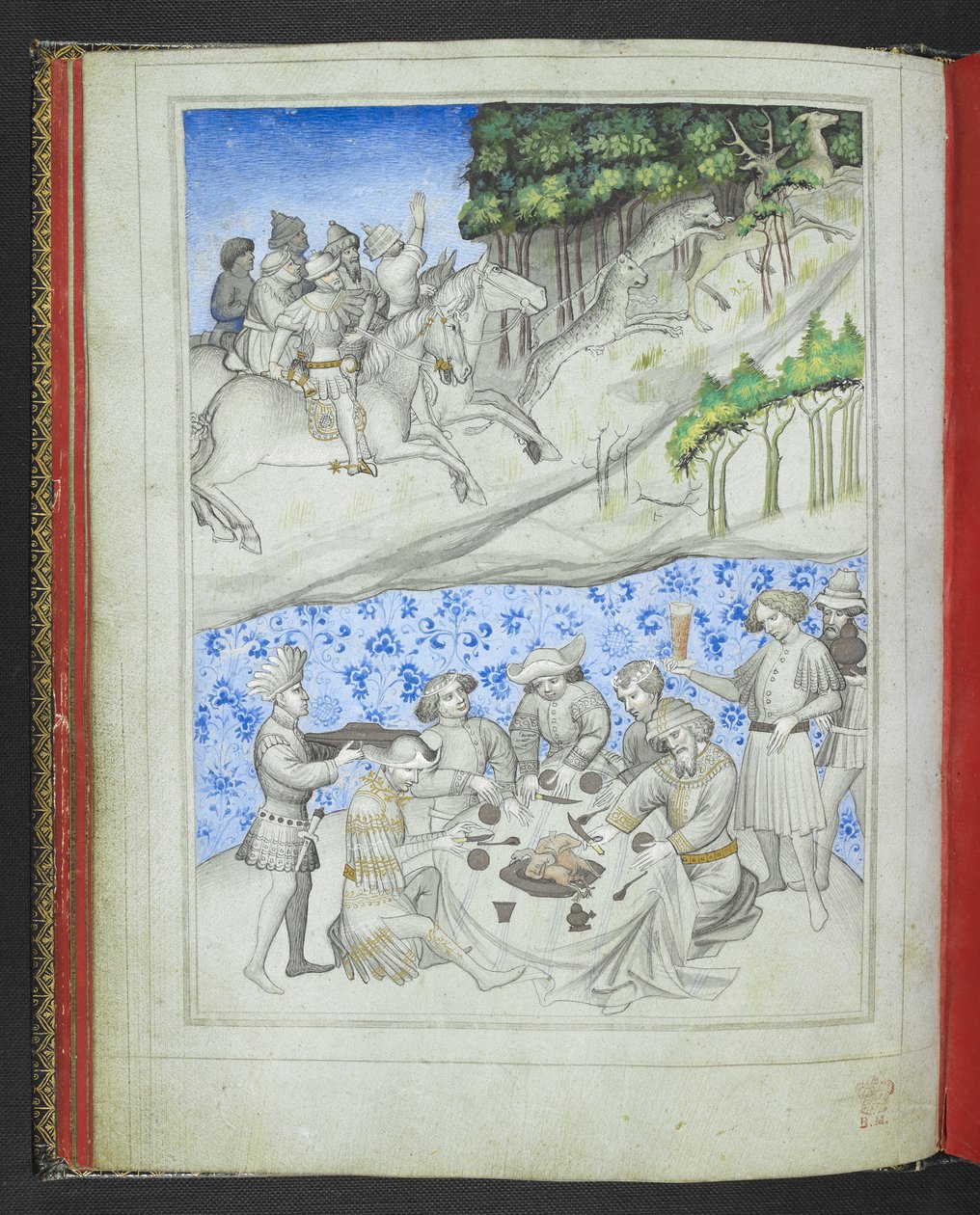 Přidejte 24189, f.5v, Rekreace na Kypru, nahoře s lovem jelenů pomocí leopardů a dole s hostinou z „Picture Book of Sir John Mandeville