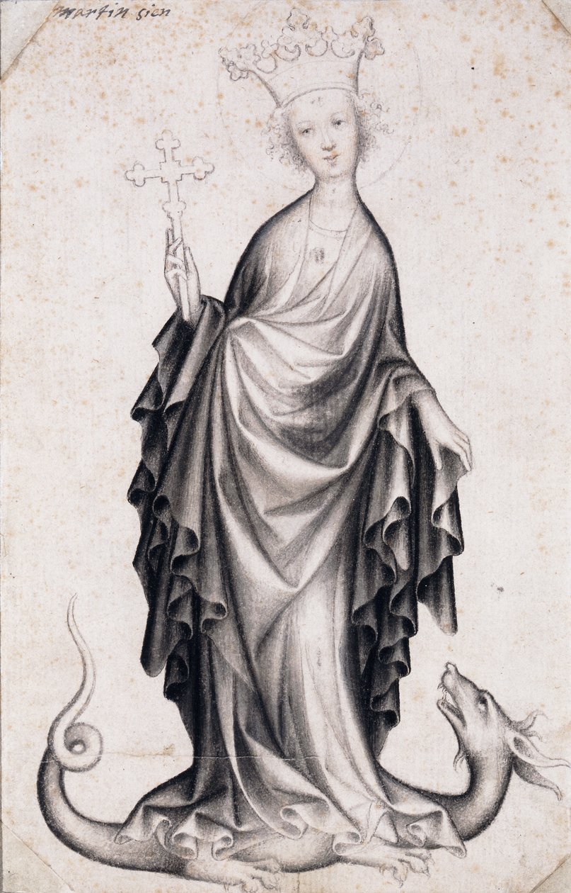 Svatá Markéta Antiochijská (zemřela kolem roku 305) (svatá Markéta) (drží krucifix a šlape draka) - Dílo českého mistra (činný 1410-1420), tužka a štětec na papíře (21,4x14 cm), kolem 1410 - Szepmuveszeti Muzeum, Budapešť (Maďarsko) od Bohemian School