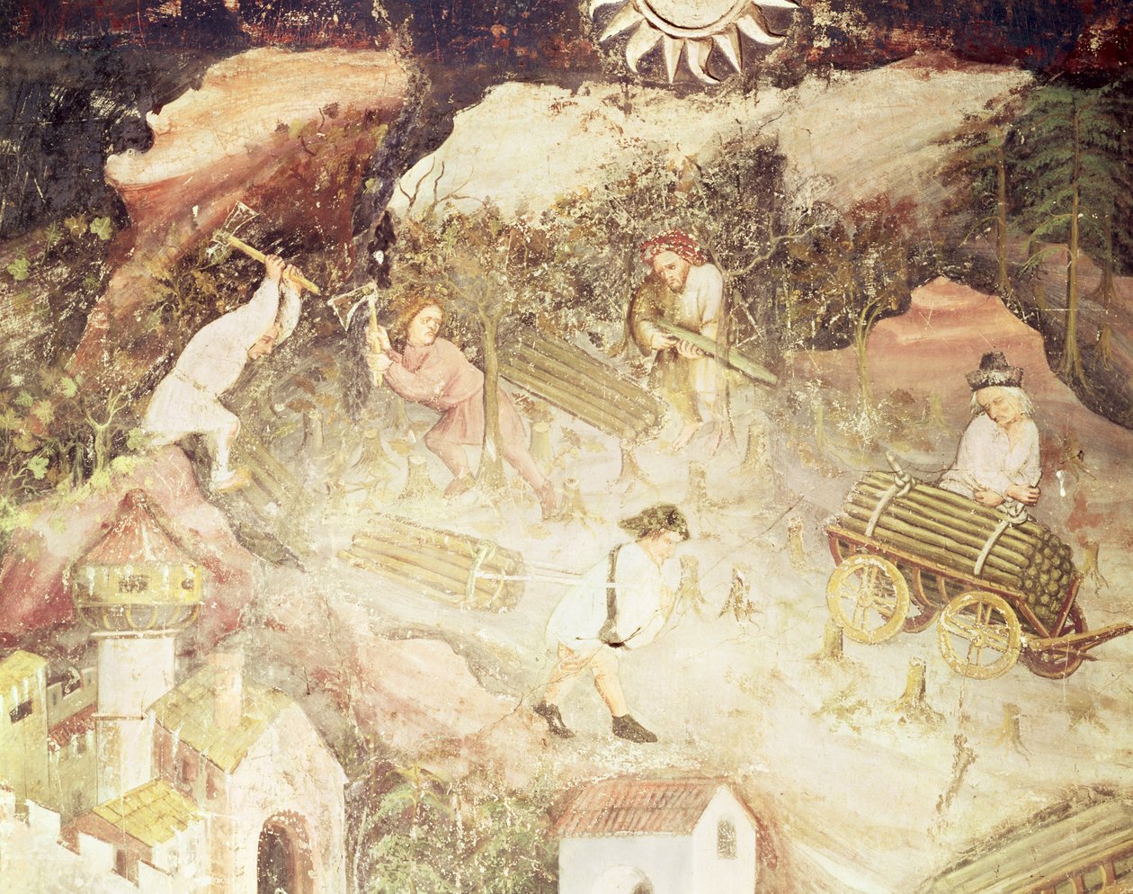 Měsíc prosinec, detail mužů kácejících stromy, cca 1400 (freska) od Bohemian School