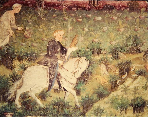 Měsíc září, detail jezdce se sokolem, cca 1400 (freska) od Bohemian School