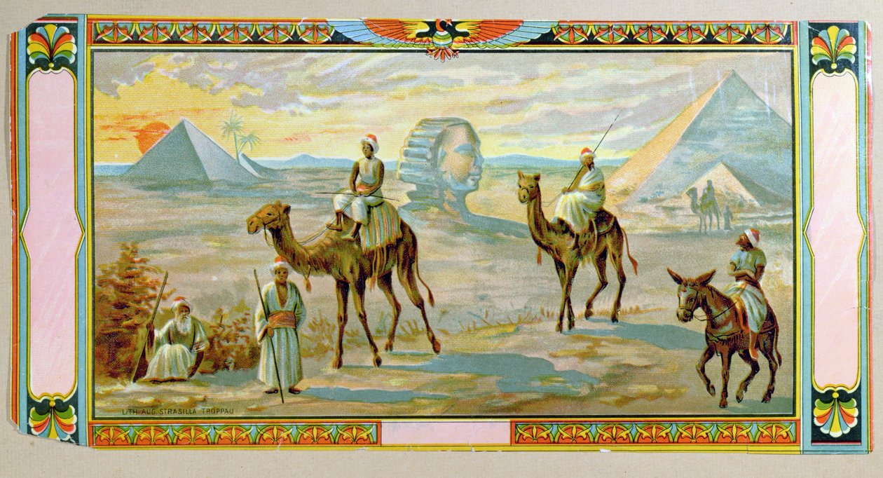 Sfinga a pyramidy, štítek z krabice na fez, kolem roku 1910 od Bohemian School