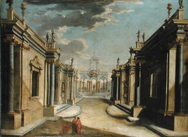 Architektonické Capriccio zobrazující příběh dcer Minyas (olej na plátně) od Bolognese School
