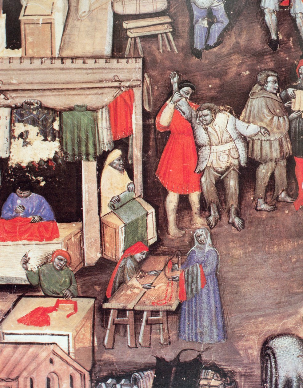 Obchodníci s látkami na trhu, z rukopisu „Charta cechu obchodníků“ (vellum) od Bolognese School