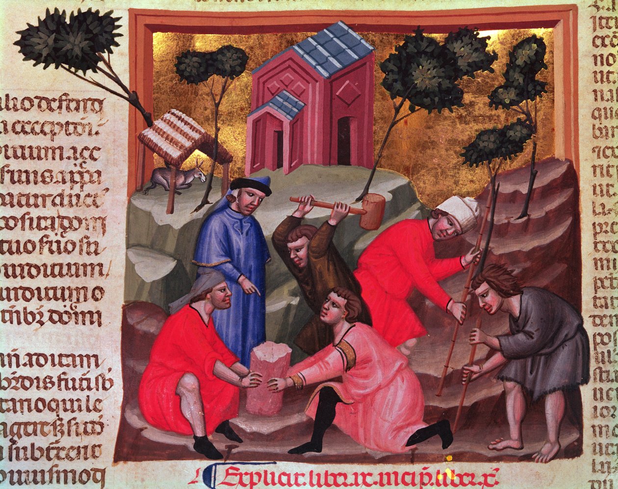 Řezače mramoru a lámače kamene, z rukopisu „Justianian Institutiones Feodorum et Alia Codex“, kolem 1300 (vellum) od Bolognese School