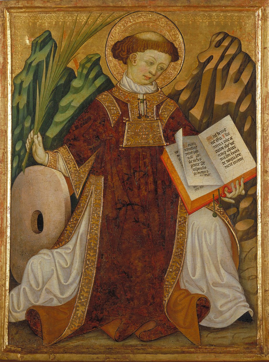 Svatý Vincent ze Zaragozy (4. století) (v kostýmu jáhna, který čte Bibli a drží dlaň mučedníků, poblíž mlýnského kamene jeho mučení) - Malba Bonanata Zaortiga (aktivní 15. století), tempera na dřevě (80,2x61 , 5 cm), kolem roku 1430 - Svatý Vincent, od Bonanat Zaortiga