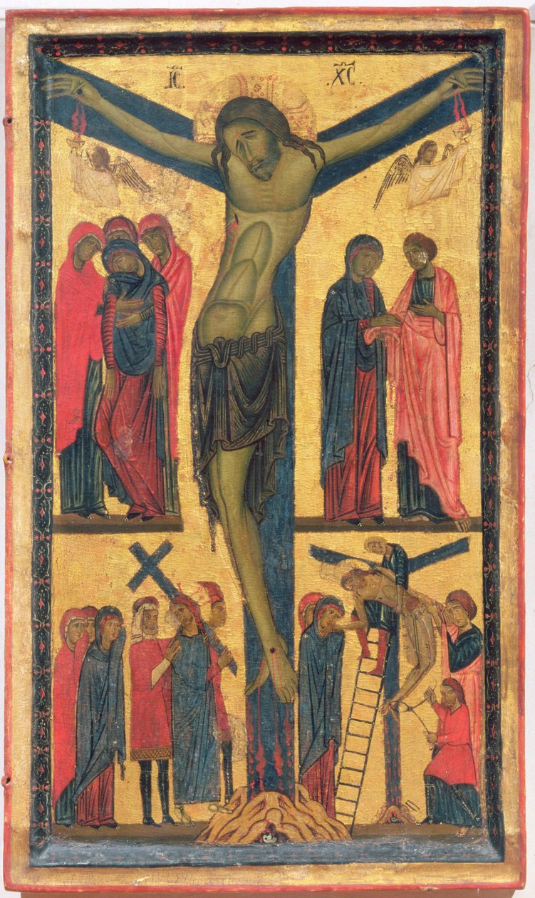 Ukřižování se svatými ženami, truchlící, Kristus na cestě na Kalvárii a uložení, pravý panel diptychu (tempera na panelu) od Bonaventura Berlinghieri