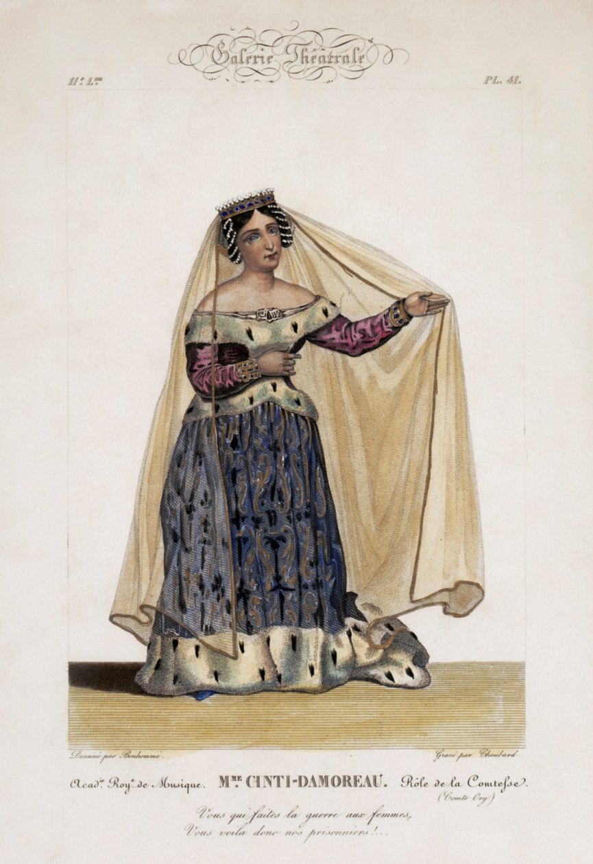 Laure Cinti-Damoreau, francouzská sopranistka, jako la Comtesse v opeře Gioacchina Rossiniho Comte Ory v Académie Royale de Musique od Bonhommé Bonhommé
