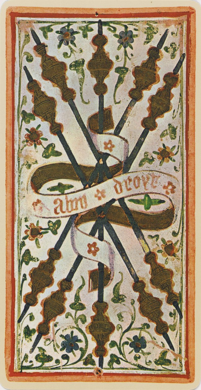 Pětka hůlek, faksimile tarotové karty z balíčku Visconti, 1441-47 od Bonifacio Bembo