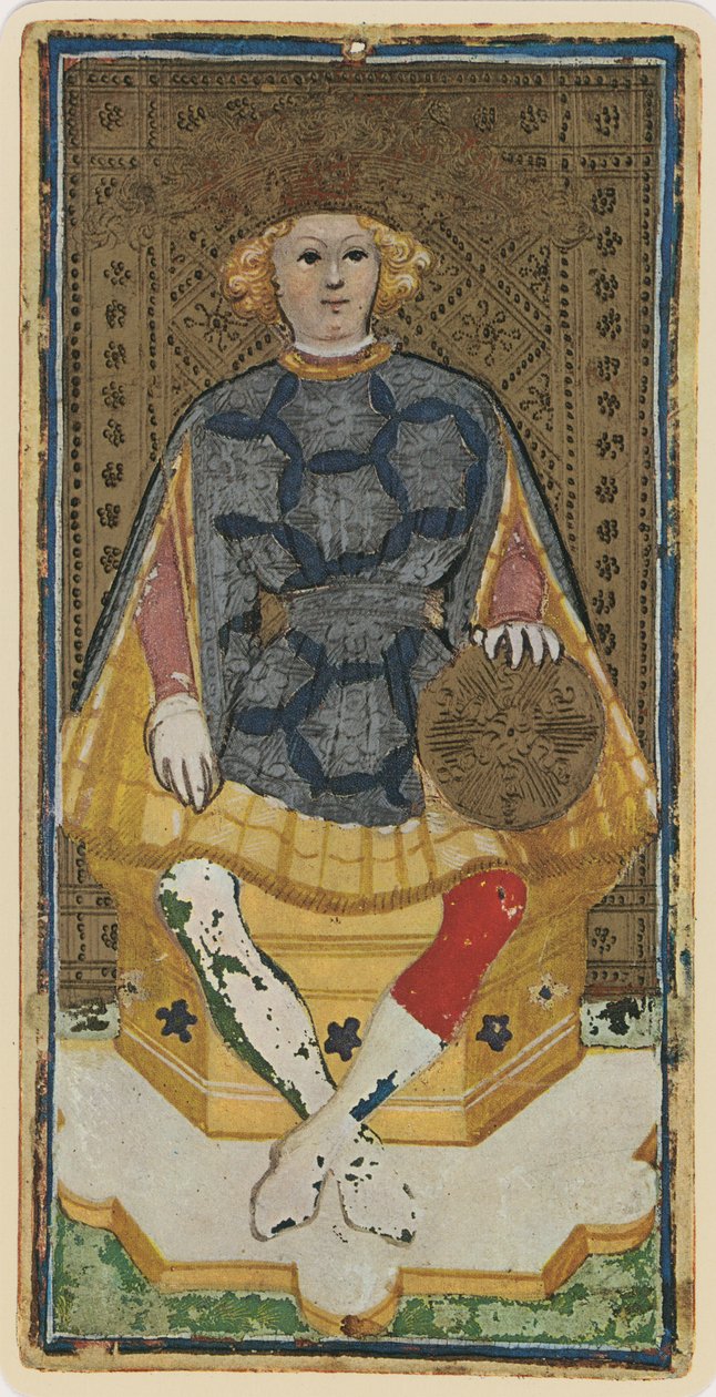 Král mincí, faksimile tarotové karty z balíčku „Visconti“, 1441–47 od Bonifacio Bembo