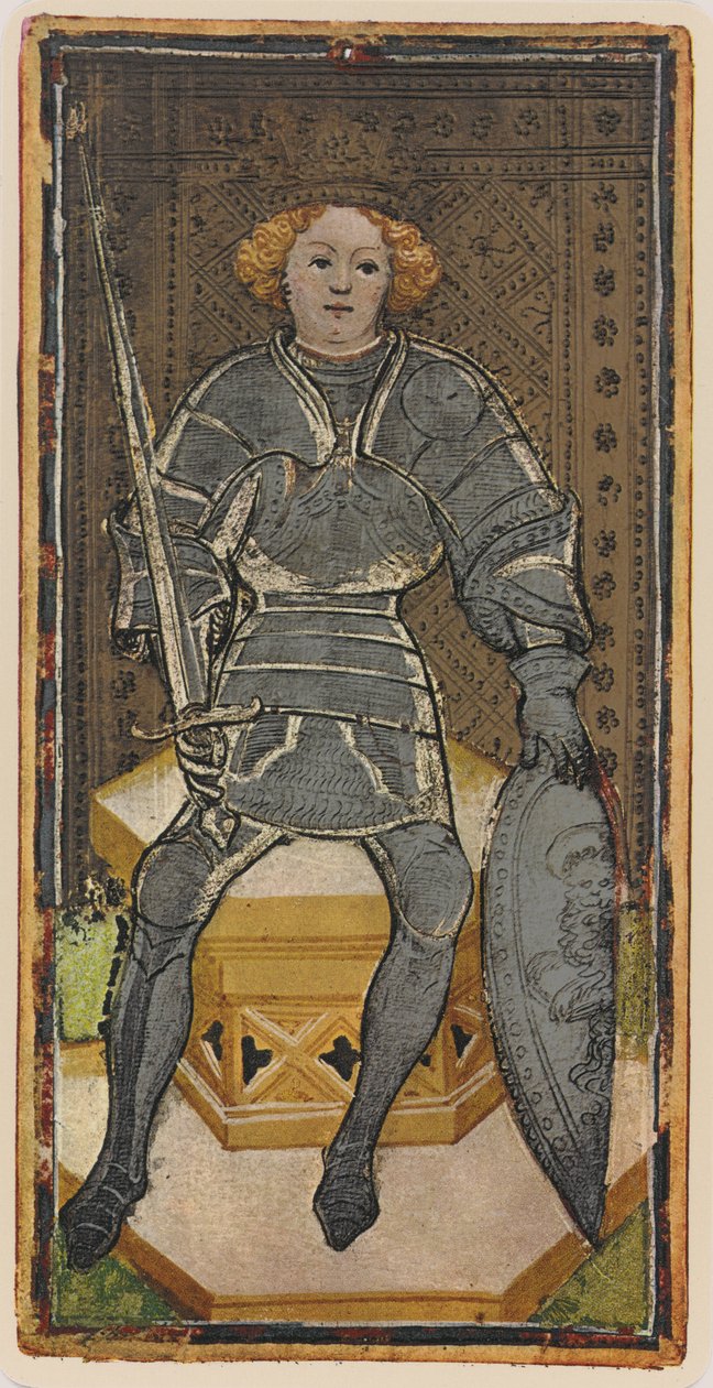 Král mečů, faksimile tarotové karty z balíčku „Visconti“, 1441–47 od Bonifacio Bembo