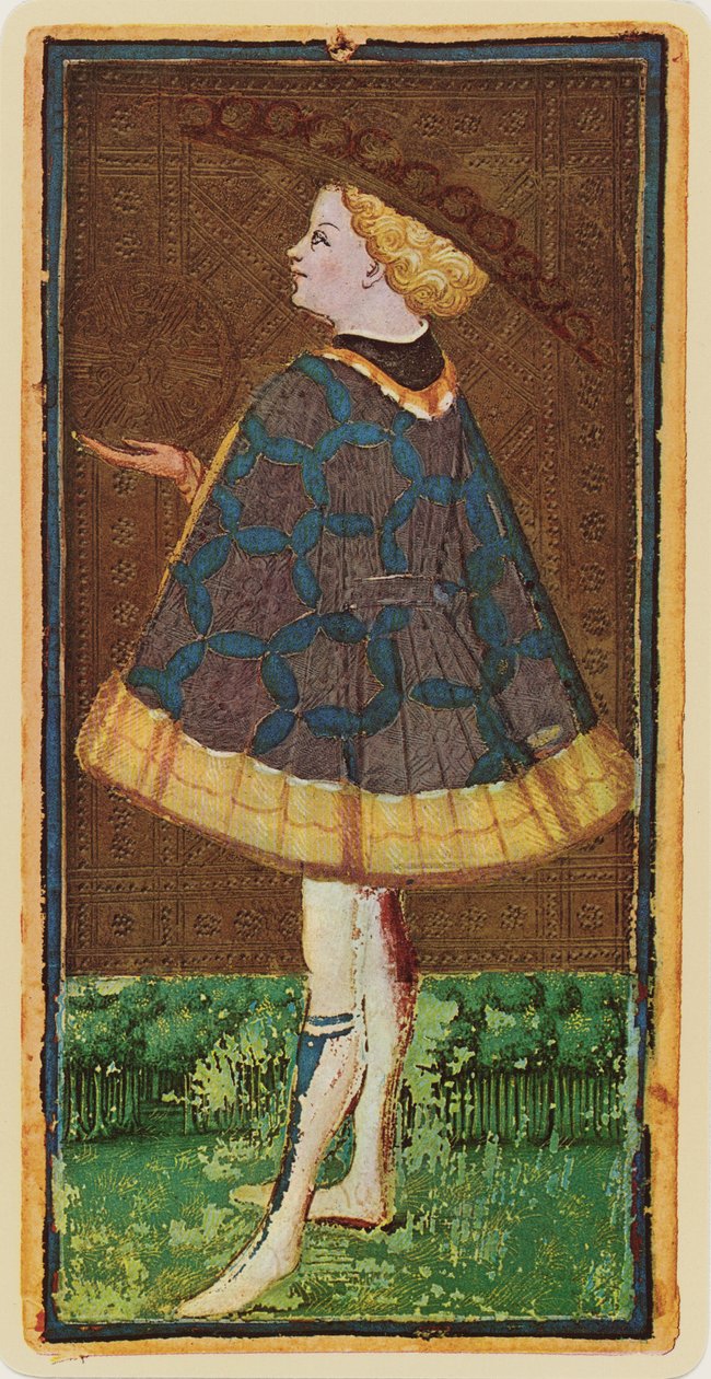 The Knave of Coins, faksimile tarotové karty z balíčku 